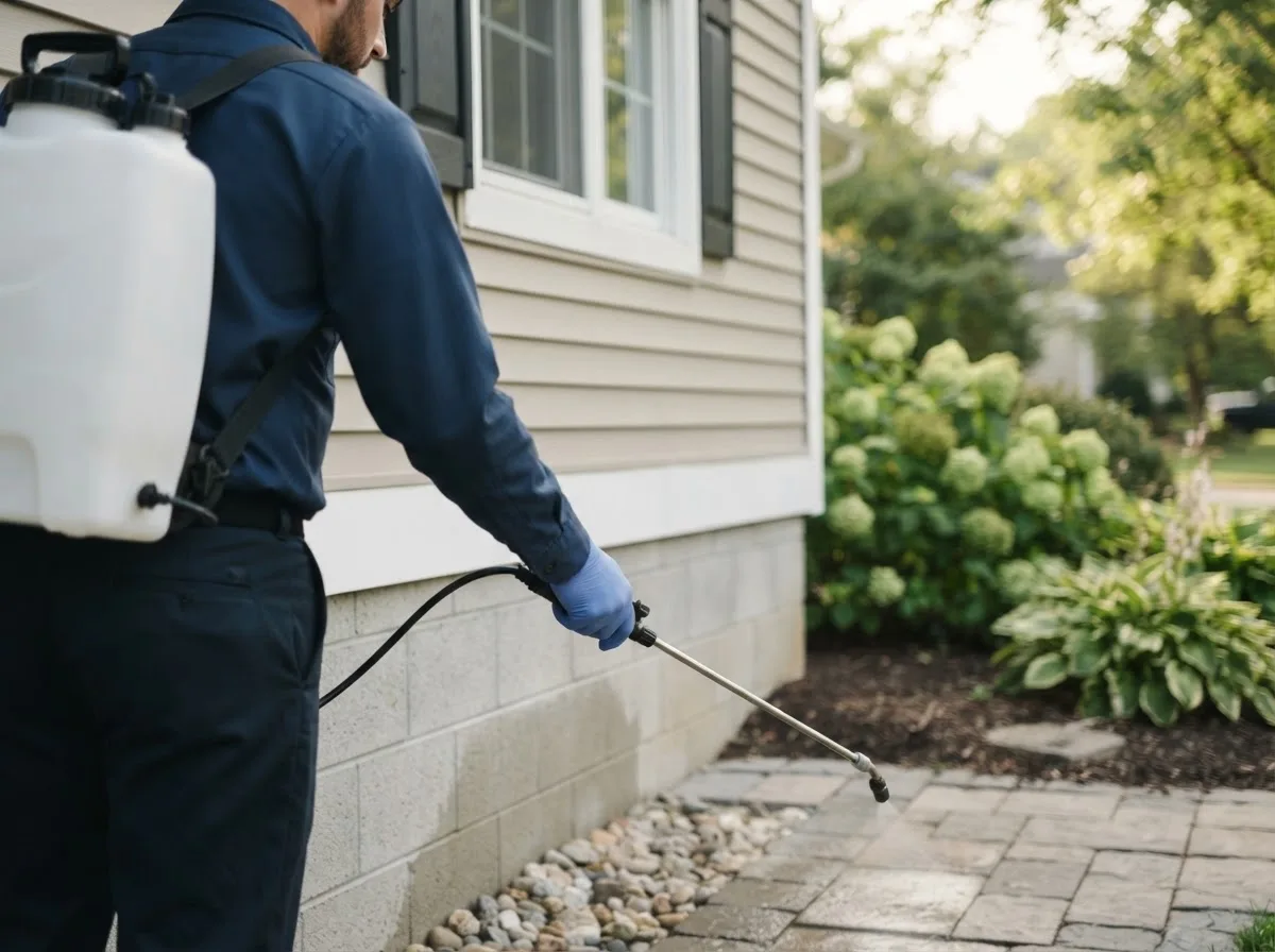 Pest control technician inspecting a home in Kegley, WV